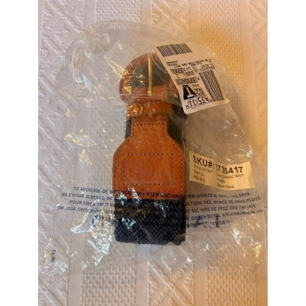 NWT Lands' End Woven Nylon Navy Stretch Belt with‎ Tan Leather Buckle Size XL